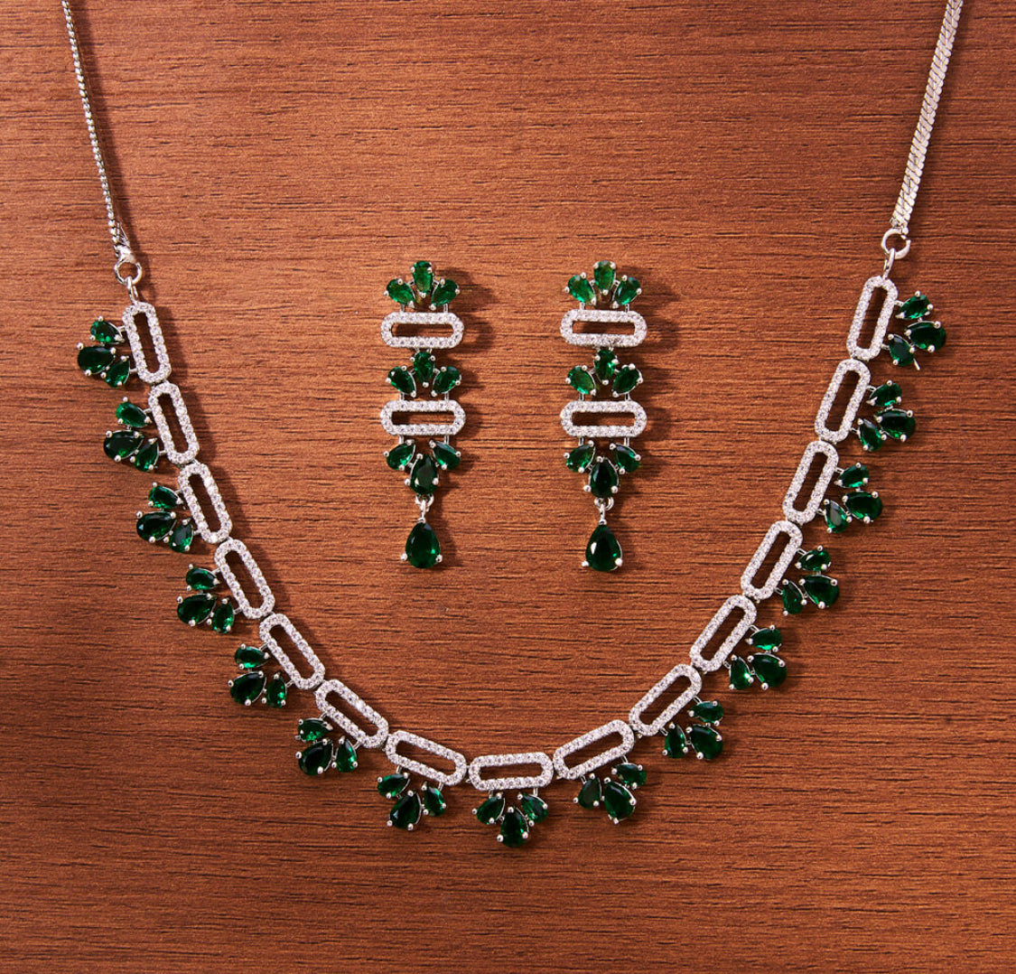 Green Aura American Diamond Rhodium Plated Set