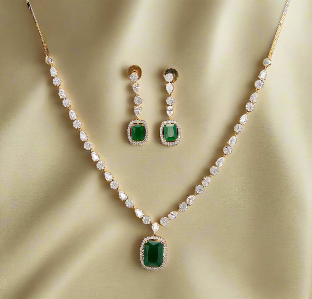 Aurora Emerald Spark American Diamond Rhodium Set