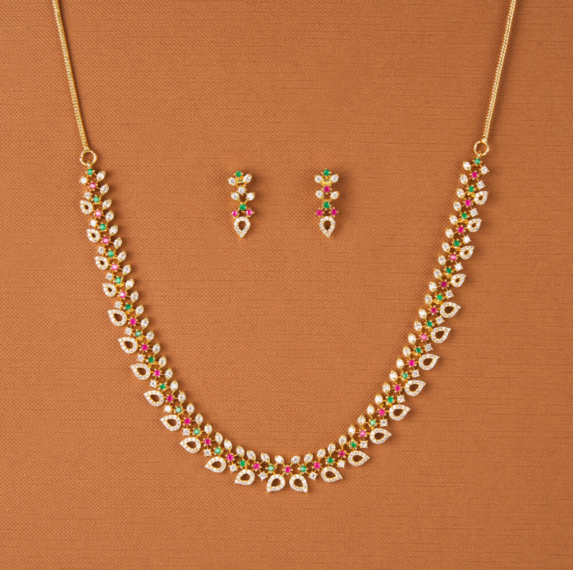 American Diamond South Indian Necklace Set With Gold Plating