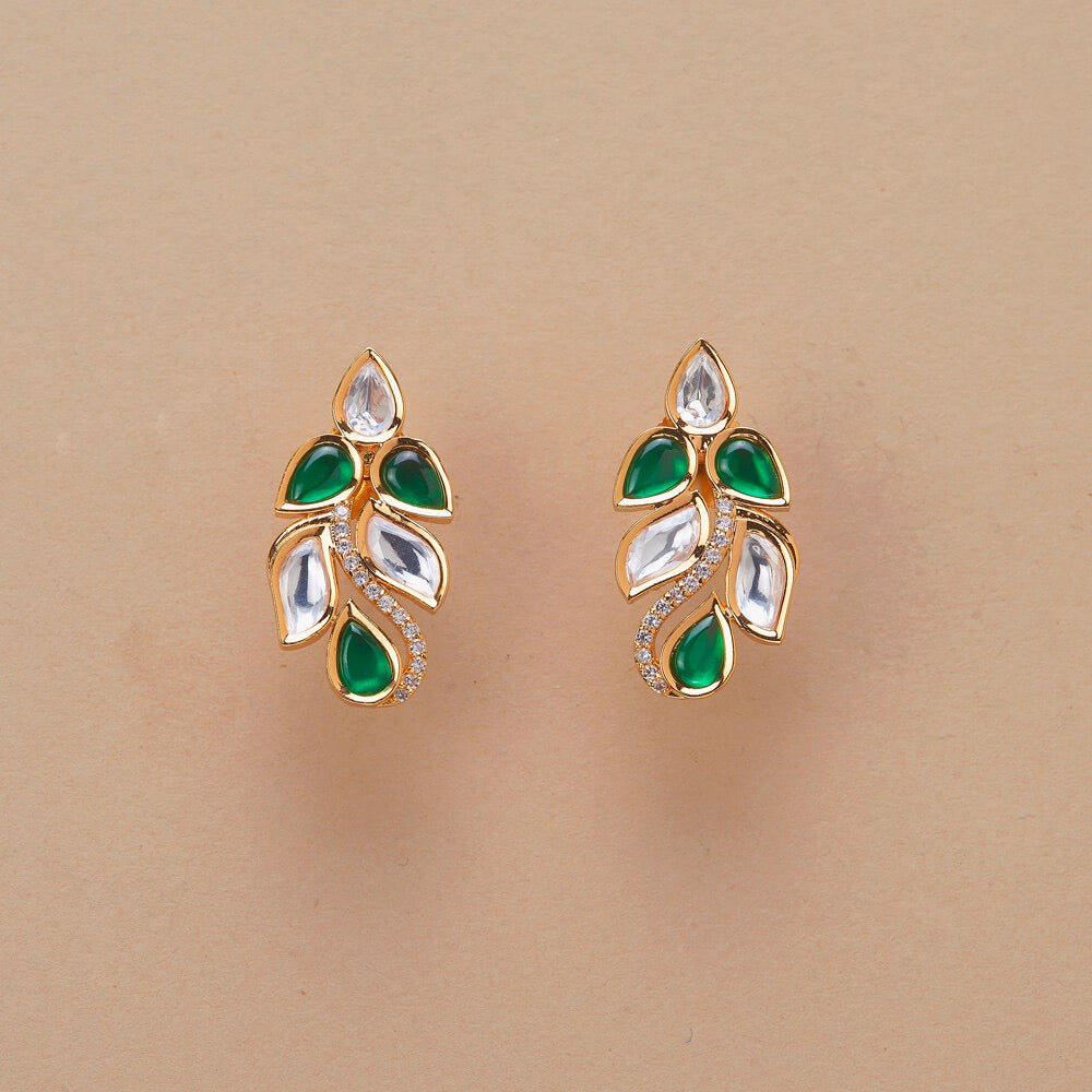Green Kundan Leaf Shape Delicate Earring With Gold Plating