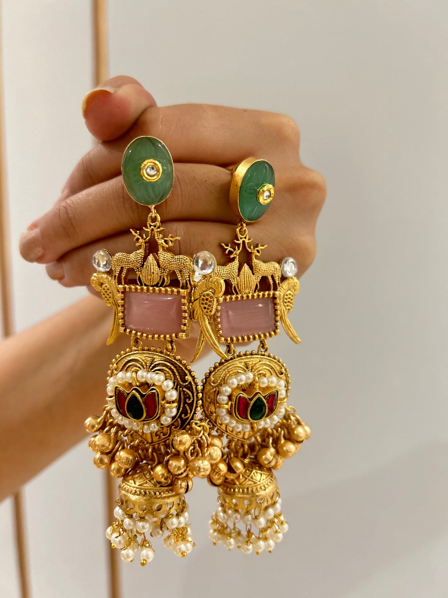 Swarnika- Indo Western Mint Green & Pink Danglers