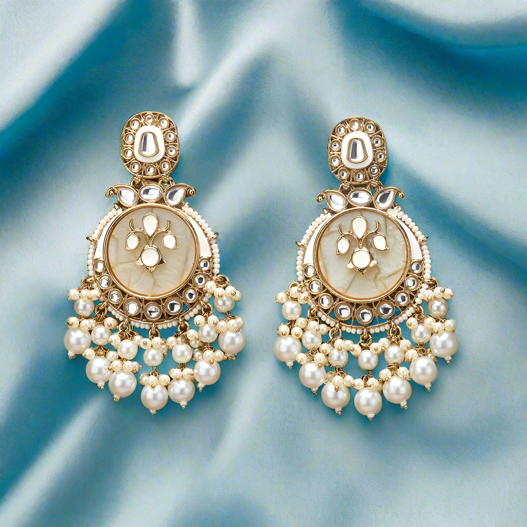 Indo Western Chand Earring With Mehndi Plating- White colour