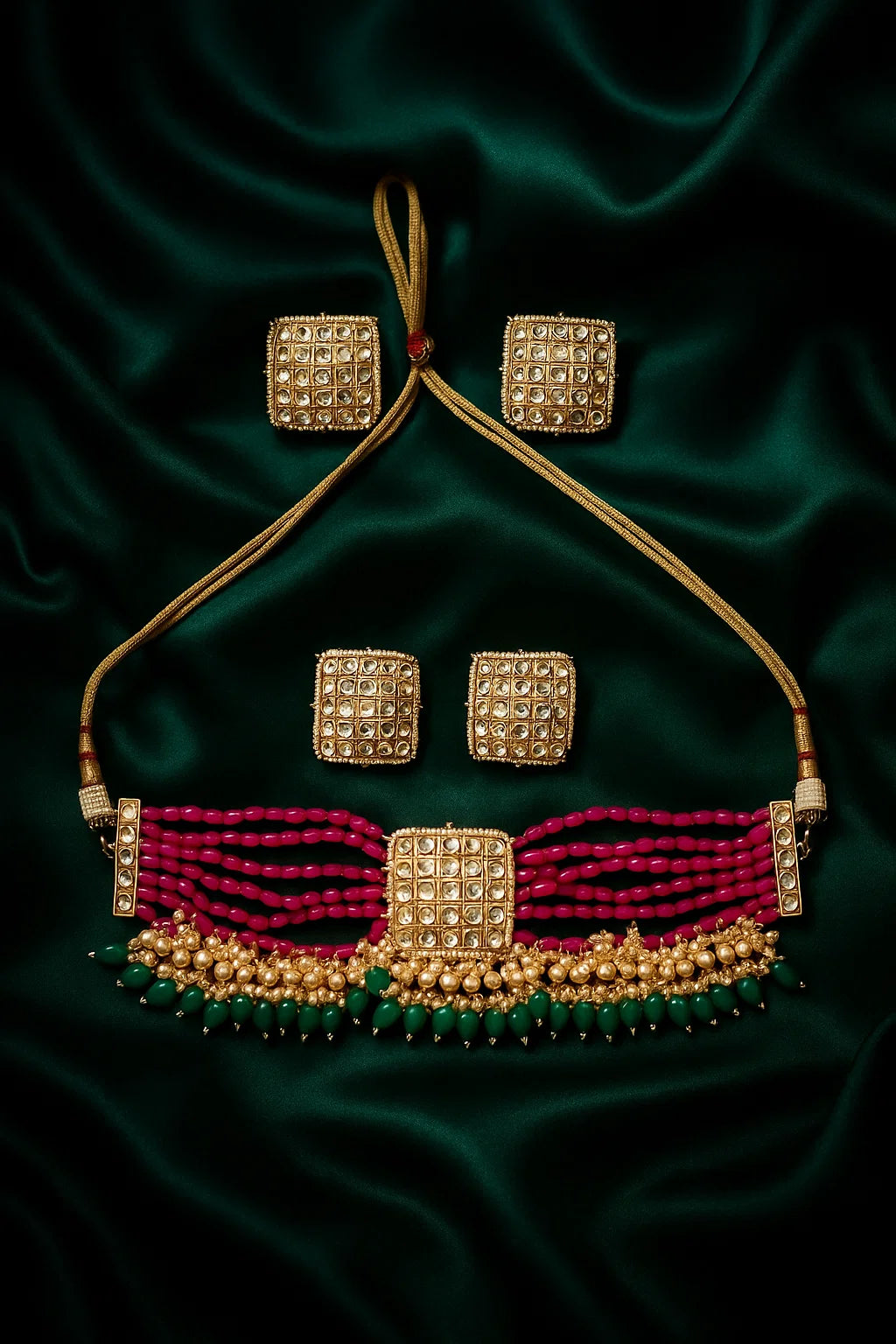 Arista- Indo Western pink and green Beads Necklace