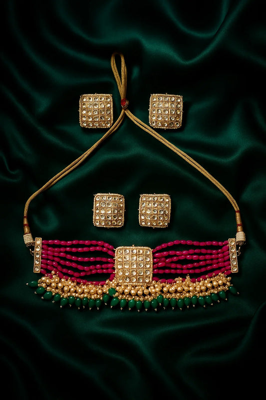 Arista- Indo Western pink and green Beads Necklace